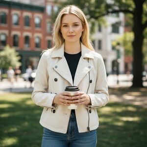 Free People Ivory Double Breasted Zipper Closure Jacket Coat Size 4